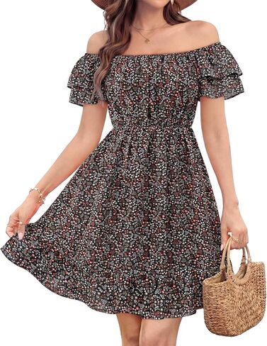 Womens Off The Shoulder Floral Short Dress Casual Summer Flowy Boho Dresses for Beach Vacation in Saudi Arabia