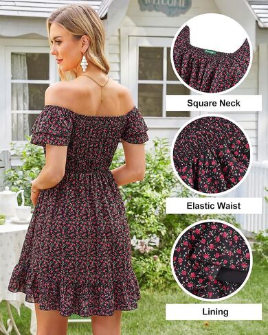 Womens Off The Shoulder Floral Short Dress Casual Summer Flowy Boho Dresses for Beach Vacation in Saudi Arabia