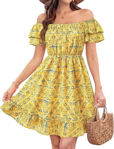 Womens Off The Shoulder Floral Short Dress Casual Summer Flowy Boho Dresses for Beach Vacation in Saudi Arabia
