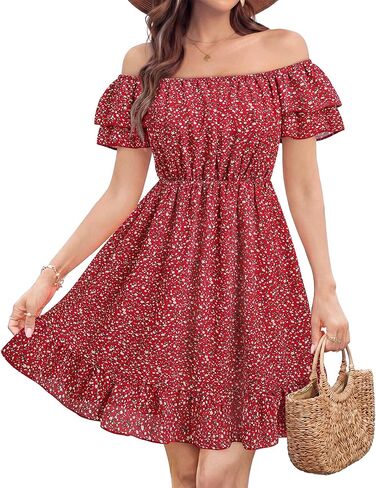 Womens Off The Shoulder Floral Short Dress Casual Summer Flowy Boho Dresses for Beach Vacation in Saudi Arabia