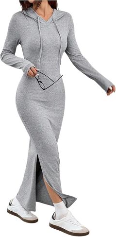 فستان Verdusa النسائي ذو القلنسوة الأساسي بأكمام طويلة وفساتين ماكسي ضيقة ملابس الربيع والخريف in Kuwait