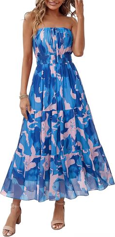 Simplee Women's Summer Maxi Dresses 2026 Elegant Strapless Boho Floral Mesh Vacation Beach Dress Wedding Guest Dresses in Kuwait
