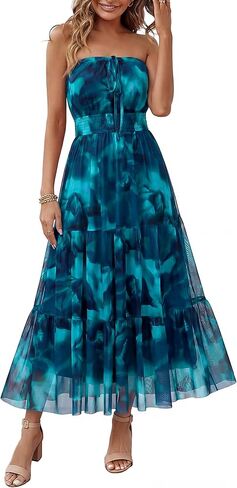 Simplee Women's Summer Maxi Dresses 2026 Elegant Strapless Boho Floral Mesh Vacation Beach Dress Wedding Guest Dresses in Saudi Arabia