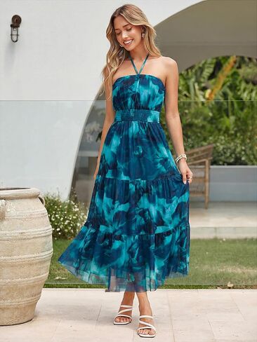 Simplee Women's Summer Maxi Dresses 2026 Elegant Strapless Boho Floral Mesh Vacation Beach Dress Wedding Guest Dresses in Saudi Arabia