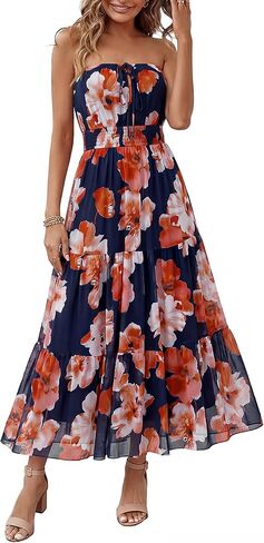 Simplee Women's Summer Maxi Dresses 2026 Elegant Strapless Boho Floral Mesh Vacation Beach Dress Wedding Guest Dresses in Saudi Arabia