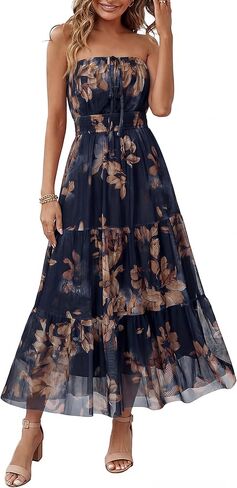 Simplee Women's Summer Maxi Dresses 2026 Elegant Strapless Boho Floral Mesh Vacation Beach Dress Wedding Guest Dresses in Saudi Arabia