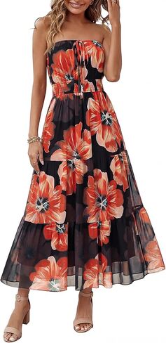Simplee Women's Summer Maxi Dresses 2026 Elegant Strapless Boho Floral Mesh Vacation Beach Dress Wedding Guest Dresses in Saudi Arabia