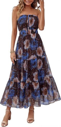 Simplee Women's Summer Maxi Dresses 2026 Elegant Strapless Boho Floral Mesh Vacation Beach Dress Wedding Guest Dresses in Saudi Arabia