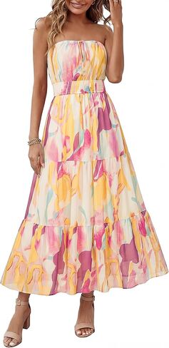 Simplee Women's Summer Maxi Dresses 2026 Elegant Strapless Boho Floral Mesh Vacation Beach Dress Wedding Guest Dresses in Saudi Arabia