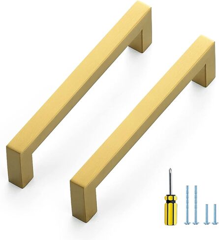 Ravinte 10 Pack Squre Cabinet Pulls 10 Inch Brushed Brass Kitchen Cabinet Handles Gold Kitchen Hardware for Cabinet Drawer Pulls Square Bar Cabinet Pulls Drawer Handles in Kuwait
