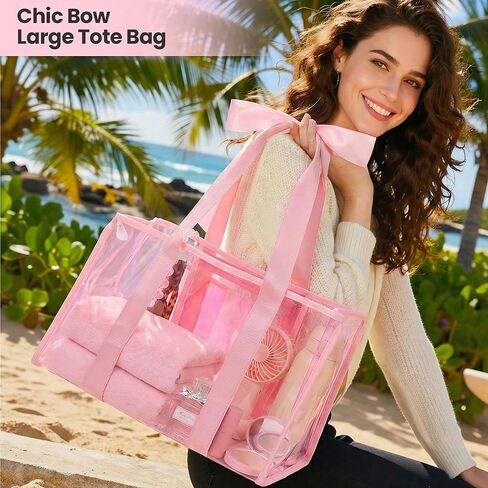 Pink Jelly Tote Bag, Bow Bag Beach Essentials for Women, Pool Bag Beach Bags Waterproof with Zipper Pocket & Phone Pouch in Saudi Arabia