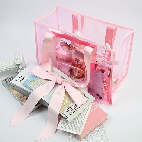 Pink Jelly Tote Bag, Bow Bag Beach Essentials for Women, Pool Bag Beach Bags Waterproof with Zipper Pocket & Phone Pouch in Saudi Arabia