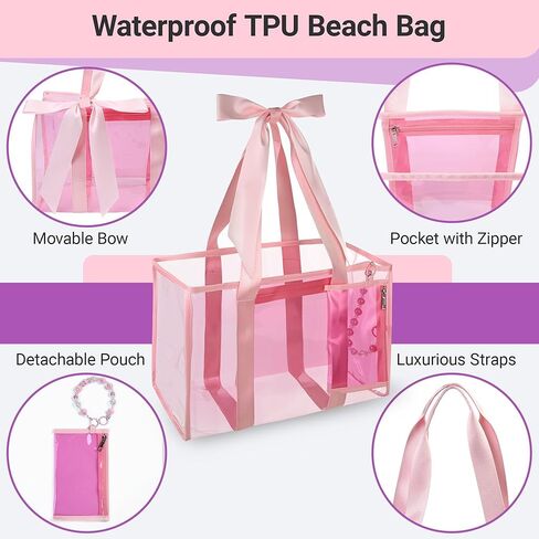 Pink Jelly Tote Bag, Bow Bag Beach Essentials for Women, Pool Bag Beach Bags Waterproof with Zipper Pocket & Phone Pouch in Saudi Arabia
