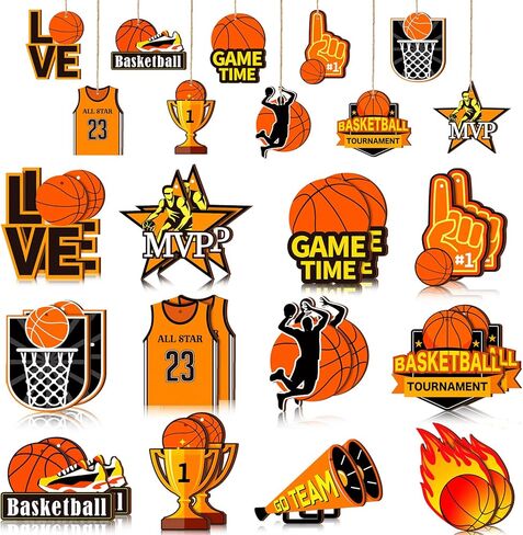 Frienda 24 Pcs Basketball Wooden Ornament Basketball Senior Night Cutout Wood DIY Crafts Wooden Hanging Ornaments with Twines for Party Decoration in Saudi Arabia