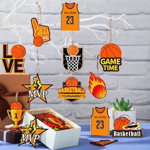 Frienda 24 Pcs Basketball Wooden Ornament Basketball Senior Night Cutout Wood DIY Crafts Wooden Hanging Ornaments with Twines for Party Decoration in Saudi Arabia