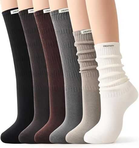 Jeasona Slouch Scrunch Socks for Women, 6 Pairs Crew Cotton Knit Scrunch Slouch Socks, 80s Style Boot Socks for Women Teen Girls, Soft Athletic Gym Calf Socks Earth Tone Gifts in Kuwait