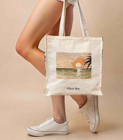 Summer Aesthetic Canvas Tote Bag with Zippered Interior Pocket for Personal Items. The Everyday Tote Bag for Work, Sports, Dance, Yoga Bag, Gym Tote. Beach Bag for Travel. in Saudi Arabia