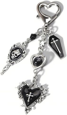 Gothic Keychain For Women, Goth Cross Heart Coffin Sword Skull Feature Retro Beading Hollow Out Gift Accessories in Kuwait