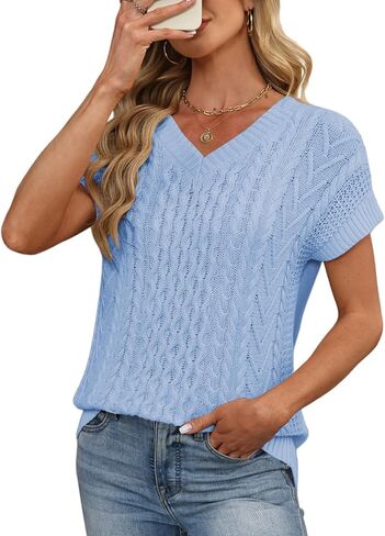 CiCiBird Women's Cable Knit Crochet Sweater Vest V Neck Short Sleeve Pullover Summer Loose Top in Kuwait