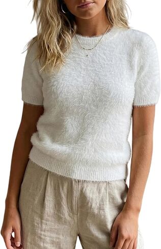 سترة نسائية Y2K فروي مقصوصة بأكمام قصيرة وفتحة رقبة مستديرة منفوش سترة علوية ناعمة ومريحة بلوفر منسوج ملابس الشارع in Kuwait