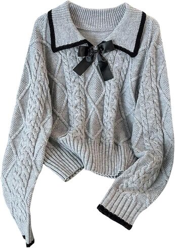 Women's Plus Size Cable Knit Bowknot Sweaters Long Sleeve Collared Cute Pullover Jumper in Saudi Arabia