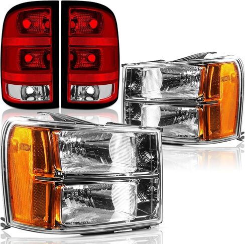 Headlights and Taillights Assembly Combo Kits for 2007-2013 GMC Sierra 1500/2007-2014 GMC Sierra 2500HD 3500HD Head/OE Style Rear Brake Tail Lights Lamps Replacement (LH RH Full Set),Chrome Amber in Saudi Arabia