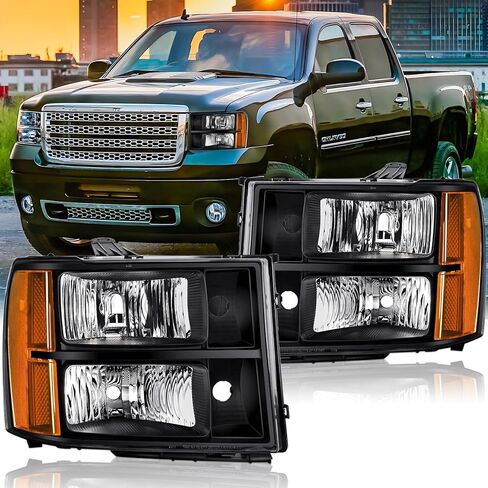 مجموعات التحرير والسرد للمصابيح الأمامية والمصابيح الخلفية لـ 2007-2013 GMC Sierra 1500/2007-2014 GMC Sierra 2500HD 3500HD Head/OE Style استبدال مصابيح الفرامل الخلفية (LH RH مجموعة كاملة)، كروم العنبر in Kuwait