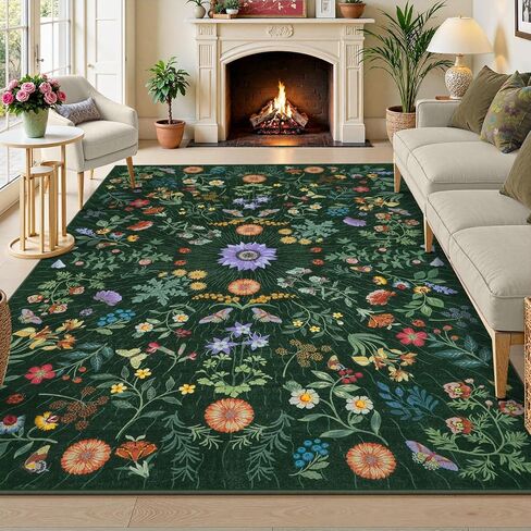LIVEBOX Sunflower Botanical Washable 8x10 Area Rugs, Black Rug for Living Room, Non Slip Rugs for Bedroom, Boho Floral Indoor Throw Dining Room Carpet for Under Table Home Office Nursery Playroom in Kuwait