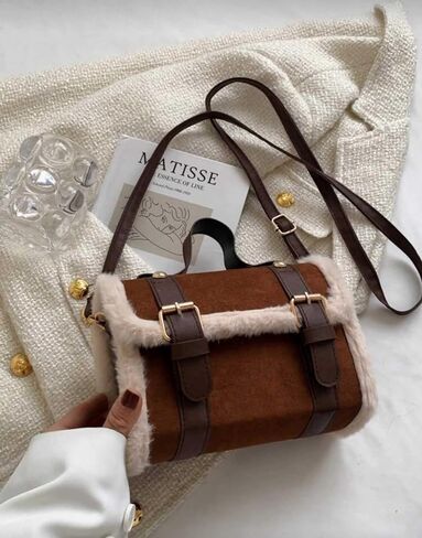 حقيبة يد كروس من الجلد السويدي الصناعي باللون البني، محفظة صغيرة عصرية لخريف وشتاء للنساء، حقيبة يد بمقبض علوي من الشيربا، تصميم جمالي لطيف bolsas de mano para mujer in Kuwait