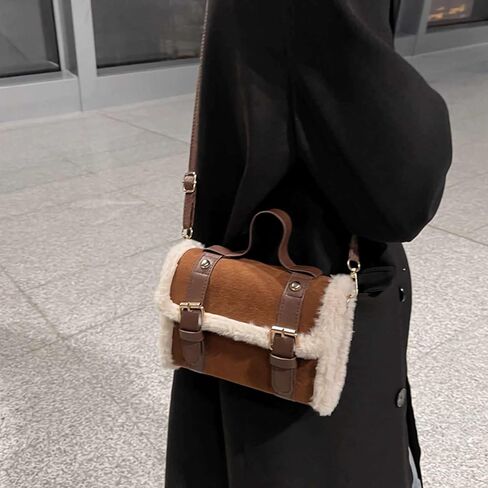 حقيبة يد كروس من الجلد السويدي الصناعي باللون البني، محفظة صغيرة عصرية لخريف وشتاء للنساء، حقيبة يد بمقبض علوي من الشيربا، تصميم جمالي لطيف bolsas de mano para mujer in Kuwait