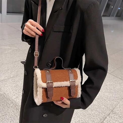 حقيبة يد كروس من الجلد السويدي الصناعي باللون البني، محفظة صغيرة عصرية لخريف وشتاء للنساء، حقيبة يد بمقبض علوي من الشيربا، تصميم جمالي لطيف bolsas de mano para mujer in Kuwait