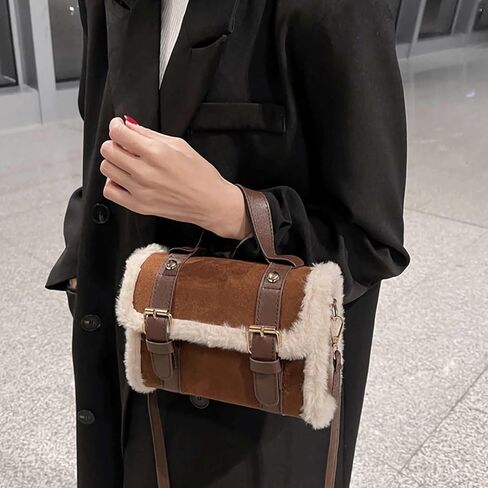 حقيبة يد كروس من الجلد السويدي الصناعي باللون البني، محفظة صغيرة عصرية لخريف وشتاء للنساء، حقيبة يد بمقبض علوي من الشيربا، تصميم جمالي لطيف bolsas de mano para mujer in Kuwait