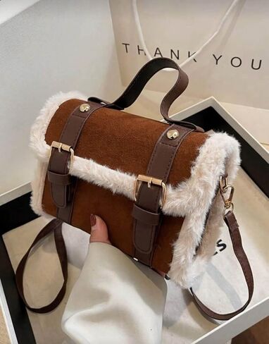 حقيبة يد كروس من الجلد السويدي الصناعي باللون البني، محفظة صغيرة عصرية لخريف وشتاء للنساء، حقيبة يد بمقبض علوي من الشيربا، تصميم جمالي لطيف bolsas de mano para mujer in Kuwait