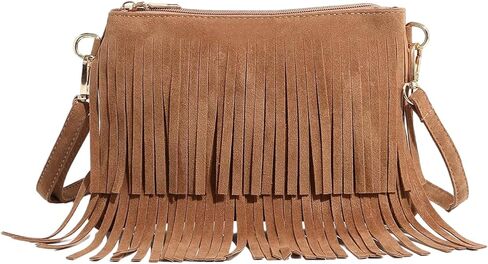 OYOANGLE Women's Boho Suede Fringe Trim Crossbody Bags Tassel Hippie Western Cowgirl Bag in Saudi Arabia