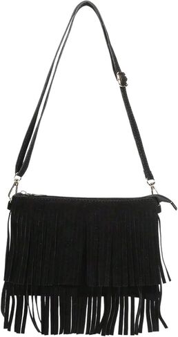 OYOANGLE Women's Boho Suede Fringe Trim Crossbody Bags Tassel Hippie Western Cowgirl Bag in Saudi Arabia