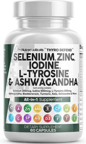 Selenium 300mcg Zinc 50mg Iodine 500mcg L Tyrosine 500mg Ashwagandha 6000mg - Thyroid Support Supplement for Women and Men with Bladderwrack, Turmeric, Kelp, Schisandra - Made in USA 60 Caps in Kuwait