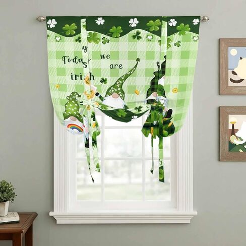 St. Patrick's Day Tie Up Curtains for Window, Green Gnomes Shamrock Gold Coin Thermal Insulated Balloon Shade Adjustable Rod Pocket Curtains Valance Panels for Kitchen Bathroom Café 52'' x 45'' in Saudi Arabia