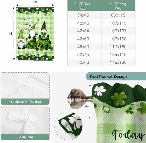 St. Patrick's Day Tie Up Curtains for Window, Green Gnomes Shamrock Gold Coin Thermal Insulated Balloon Shade Adjustable Rod Pocket Curtains Valance Panels for Kitchen Bathroom Café 52'' x 45'' in Saudi Arabia