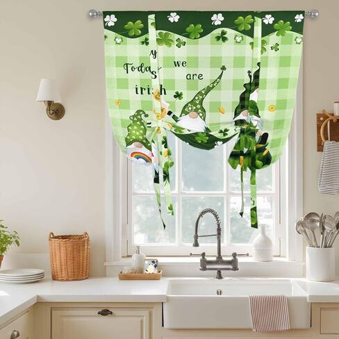 St. Patrick's Day Tie Up Curtains for Window, Green Gnomes Shamrock Gold Coin Thermal Insulated Balloon Shade Adjustable Rod Pocket Curtains Valance Panels for Kitchen Bathroom Café 52'' x 45'' in Saudi Arabia