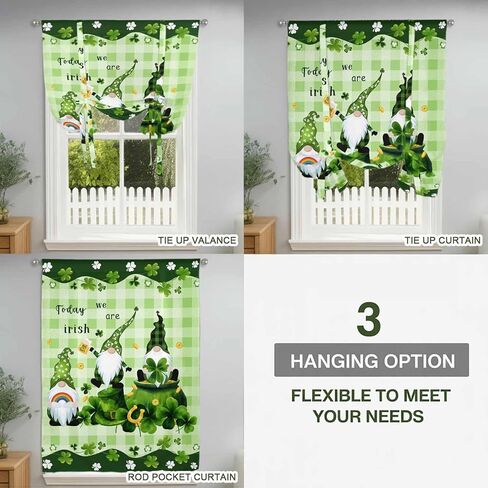 St. Patrick's Day Tie Up Curtains for Window, Green Gnomes Shamrock Gold Coin Thermal Insulated Balloon Shade Adjustable Rod Pocket Curtains Valance Panels for Kitchen Bathroom Café 52'' x 45'' in Saudi Arabia
