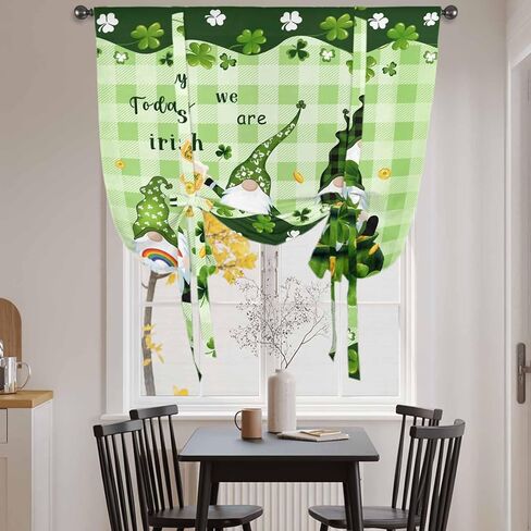 St. Patrick's Day Tie Up Curtains for Window, Green Gnomes Shamrock Gold Coin Thermal Insulated Balloon Shade Adjustable Rod Pocket Curtains Valance Panels for Kitchen Bathroom Café 52'' x 45'' in Saudi Arabia