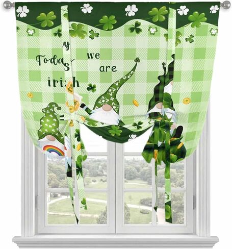 St. Patrick's Day Tie Up Curtains for Window, Green Gnomes Shamrock Gold Coin Thermal Insulated Balloon Shade Adjustable Rod Pocket Curtains Valance Panels for Kitchen Bathroom Café 52'' x 45'' in Saudi Arabia