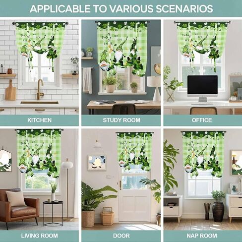 St. Patrick's Day Tie Up Curtains for Window, Green Gnomes Shamrock Gold Coin Thermal Insulated Balloon Shade Adjustable Rod Pocket Curtains Valance Panels for Kitchen Bathroom Café 52'' x 45'' in Saudi Arabia