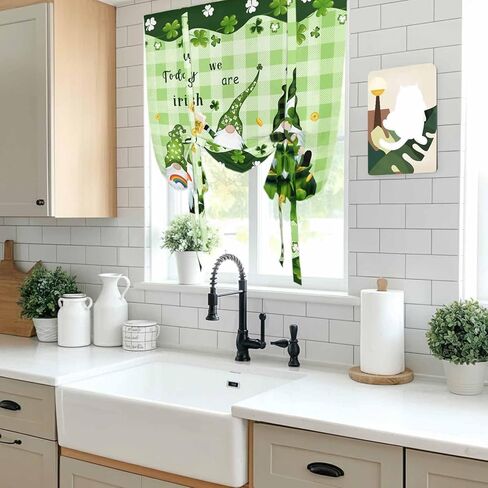 St. Patrick's Day Tie Up Curtains for Window, Green Gnomes Shamrock Gold Coin Thermal Insulated Balloon Shade Adjustable Rod Pocket Curtains Valance Panels for Kitchen Bathroom Café 52'' x 45'' in Saudi Arabia