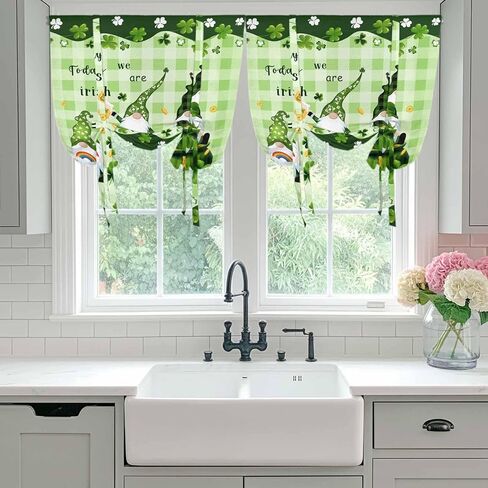 St. Patrick's Day Tie Up Curtains for Window, Green Gnomes Shamrock Gold Coin Thermal Insulated Balloon Shade Adjustable Rod Pocket Curtains Valance Panels for Kitchen Bathroom Café 52'' x 45'' in Saudi Arabia