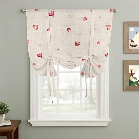 Valentine's Day Tie Up Curtains for Window, Red Love Heart Romantic Beige Burlap Thermal Insulated Balloon Shade Adjustable Rod Pocket Curtains Valance Panels for Kitchen Bathroom Café 52'' x 63'' in Saudi Arabia