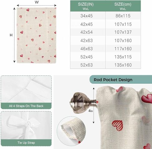 Valentine's Day Tie Up Curtains for Window, Red Love Heart Romantic Beige Burlap Thermal Insulated Balloon Shade Adjustable Rod Pocket Curtains Valance Panels for Kitchen Bathroom Café 52'' x 63'' in Saudi Arabia