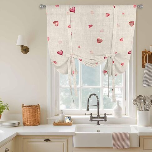 Valentine's Day Tie Up Curtains for Window, Red Love Heart Romantic Beige Burlap Thermal Insulated Balloon Shade Adjustable Rod Pocket Curtains Valance Panels for Kitchen Bathroom Café 52'' x 63'' in Saudi Arabia
