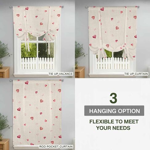 Valentine's Day Tie Up Curtains for Window, Red Love Heart Romantic Beige Burlap Thermal Insulated Balloon Shade Adjustable Rod Pocket Curtains Valance Panels for Kitchen Bathroom Café 52'' x 63'' in Saudi Arabia