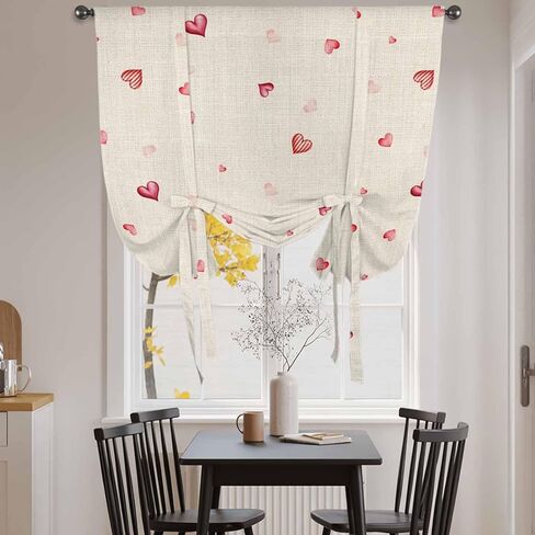 Valentine's Day Tie Up Curtains for Window, Red Love Heart Romantic Beige Burlap Thermal Insulated Balloon Shade Adjustable Rod Pocket Curtains Valance Panels for Kitchen Bathroom Café 52'' x 63'' in Saudi Arabia
